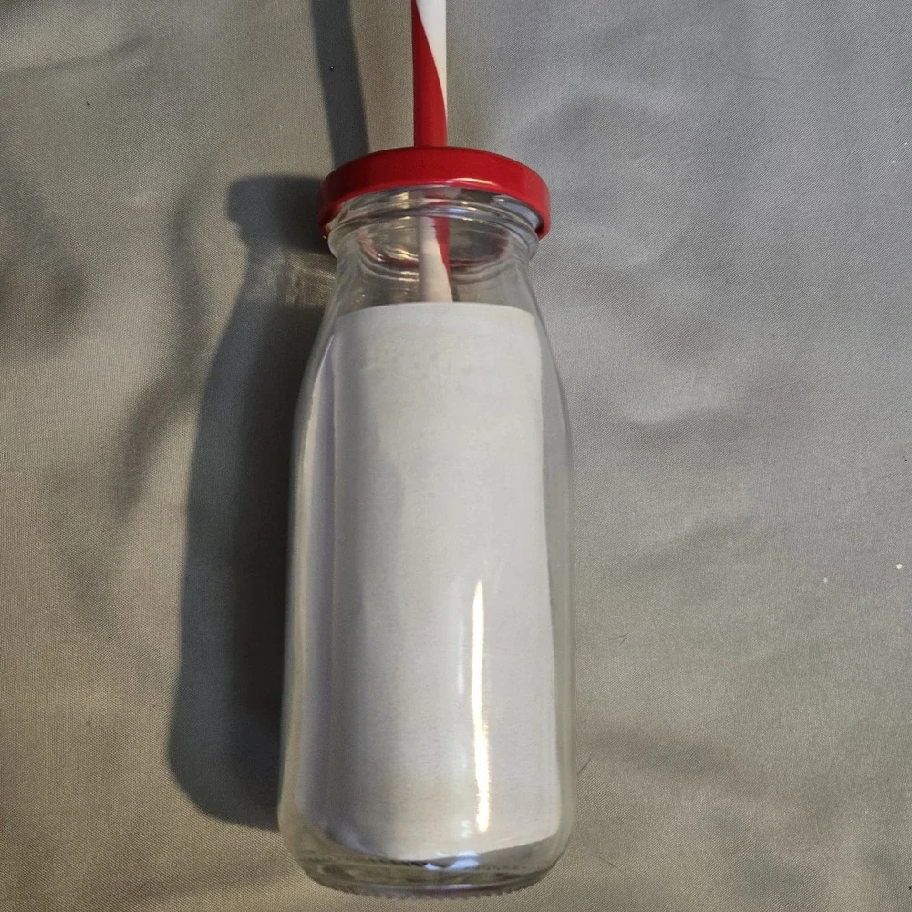 North Pole Delivery Santa Glass Milk Bottle Red Lid Straw Christmas Holiday